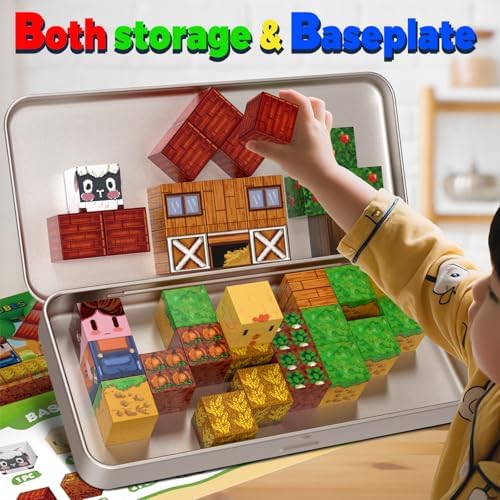 Farm Animal Magnetic Building Blocks Travel Toys, 35PCS Magnetic Cubes for Kids 3-8, Portable STEM Building Tiles with Metal Storage Box, Toddler Learning Toys for Ages 3-5，Fun Gifts, Classroom Prizes - Image 2