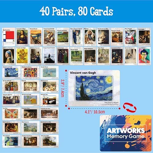 80 PCS Artwork Matching Game, 40 Famous Painting Memory Cards Bilingual Language Picture Match Game, Educational Learning Toys Enhance Memory & Matching Skills for Kids Ages 3 and Up - Image 3