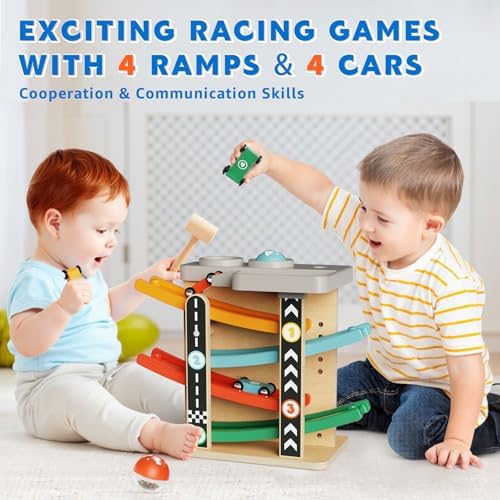 Wooden Car Ramp Race Track 2-in-1 Pound Ball Toddler Toy Ball Drop Baby Toy Set Gift for 1 2 3 Year Old Boys Girls Montessori Developmental Learning Activity Interactive Birthday Present - Image 3