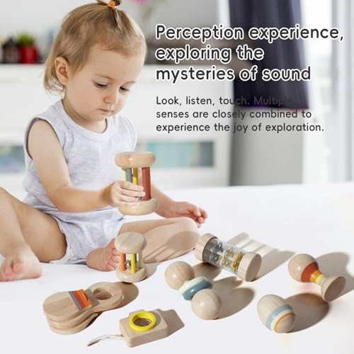 Wooden Baby Rattle Set, 7-in-1 Montessori Toys for Infants 0-6 Months, Moonkie Natural Wooden Baby Toys with Sensory Musical Instruments & Storage Bag - Image 2