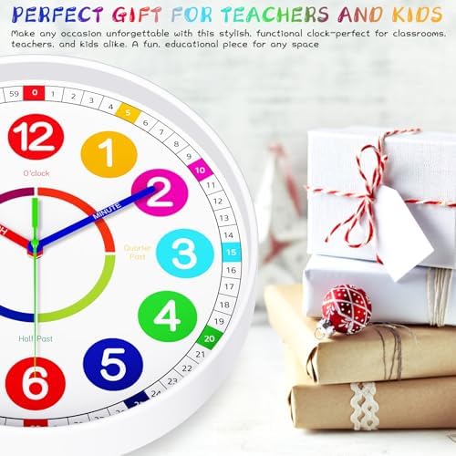 Kids Wall Clock - Non-Ticking, Battery-Operated Time Teaching Clock for Kids, Ideal for Children’s Bedrooms, Playrooms, and Stylish Home Décor – White, 12 Inch - Image 5