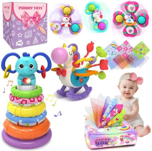 4-in-1 Baby Toys 12 Months,Montessori Toys for Babies 12-18 Months,Stacking ings,Suction Cup Spinner,Tissue Box,Pull String Toy,Sensory Educational Learning Gift for Toddlers Aged 1-3 by Unknown