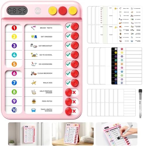 Chore Chart for Kids with Visual Timer, ADHD Tools Visual Schedule Planning Board with Slider, 20 Personalizable Cards and Magnetic Marker, Morning/Bedtime/Daily Routine Chart Checklist - Pink by Home