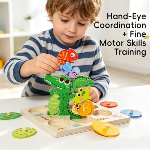 Upgraded Montessori Crocodile Puzzle for Toddlers, 3-Piece Connecting Crocodile Puzzle + 5 Egg-Shaped Matching Puzzles, Safe Wooden Educational Toy for 1-3/2-4 Years Old Boys Girls - Image 2