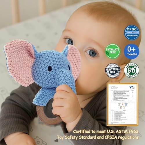 Elephant Baby Rattle Teething Ring Hand Knitted CrochetCute Jungle Animal Sensory Toy for Baby Boys Girls 0-3 Months Plush Stuffed Texture Montessori Grasping Shaker Stroller Travel Gift - Image 2