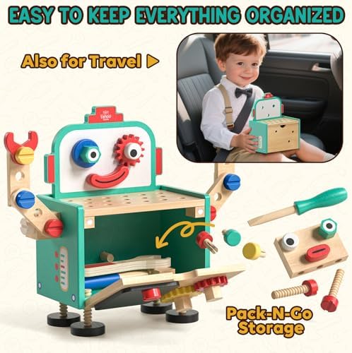 Lehoo Castle Kids Tool Set, Wooden Montessori Robot Tool Bench for Boys 3+ - Image 6