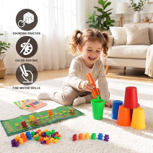 NEOROD Counting Bears - 90 Pcs Color Sorting Toys for Toddlers 1-3 & Preschool Learning Toys with Stacking Cups,Math Manipulatives with 2 Tweezers, 2 Dices, 12 Activity Cards & Storage Container - Image 2