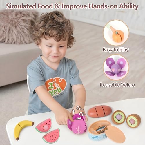 WHOHOLL 42 Pcs Play Food Set for Play Kitchen Accessories, Wooden Toys Pretend Cutting Food, Montessori Fruit and Veggies Christmas Birthday Gifts for Boys Girls 3-6 - Image 6