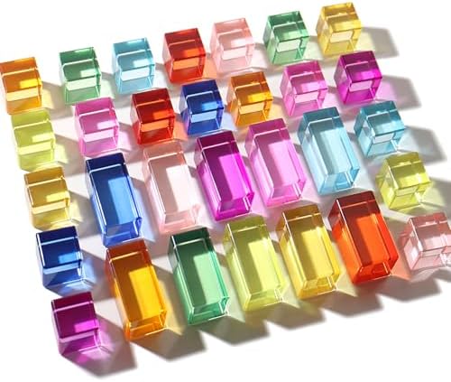 30 Pcs Mixed Acrylic Blocks Set - 10 Long (2.5x2.5x5CM) + 20 Cube (2.5x2.5x2.5CM) Rainbow Gem Blocks, Sensory Stacking Toy for 1 2 3 4 Years Old, Boys Girls Gift with Rich Building Possibilities - Image 2