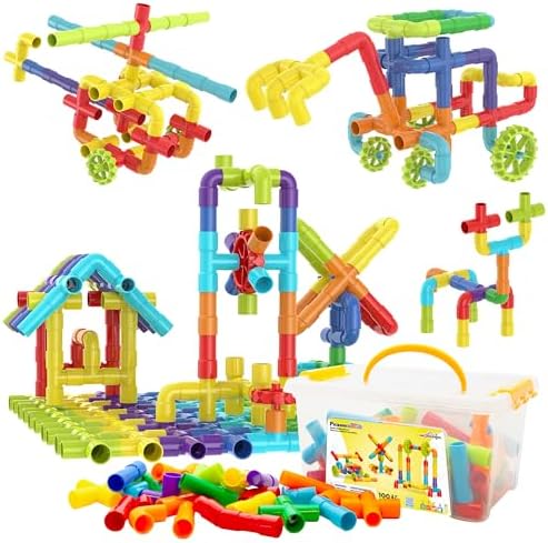 PicassoTiles 100PCS STEM Pipe Building Playset Interlocking Tube Construction Toy with Wheels and Clear Storage Box Educational Learning Toys for Preschool Montessori Kids Age 3+ Boys and Girls PTT139 by PicassoTiles