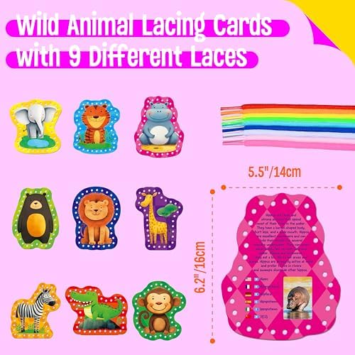 SpriteGru 9 PCS Kids Lacing Cards, 9 Double Sided Wild Animals Sewing Cards with 9 Colorful Laces, Educational & Learning Toys for Preschoolers, Kids Ages 3+ - Image 2