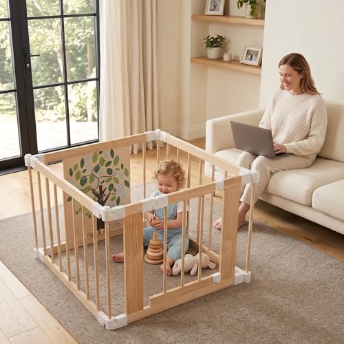 Wooden Baby Playpen with Child Safety Lock, 4-Panel Adjustable Foldable Play Yard for Toddlers, Tree Activity Board Montessori Playpen, Portable Indoor Baby Fence & Activity Center for Infant by GentleMonster