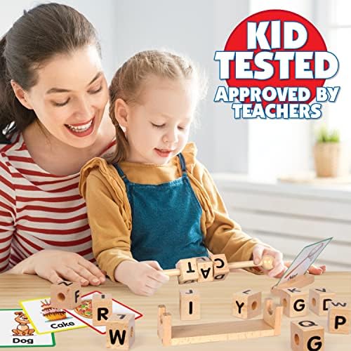 Wooden Reading Blocks - Spin, Spell & Match Words - 16 Alphabet ABC Blocks & 50 Cards with Images - Montessori Learning Reading Games Toy for Toddlers & Kids - Image 5