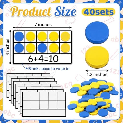 Ireer 40 Sets Bulk Magnetic Ten Frames for Classroom 400 Magnetic Math Counters and 40 Boards Kindergarten Classroom Must Haves Math Manipulatives for Home Prek Preschool Elementary(Yellow Blue) - Image 2