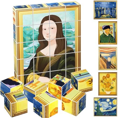 PicassoTiles 20pcs 1” Magnetic Puzzle Building Cubes Blocks for Kids, Van Gogh, Mona Lisa Hand Puzzle, STEM Magnet Toy Mix&Match Educational Popular Art Kids Toys 3+ Year Old boy Girl PMC20 by PicassoTiles