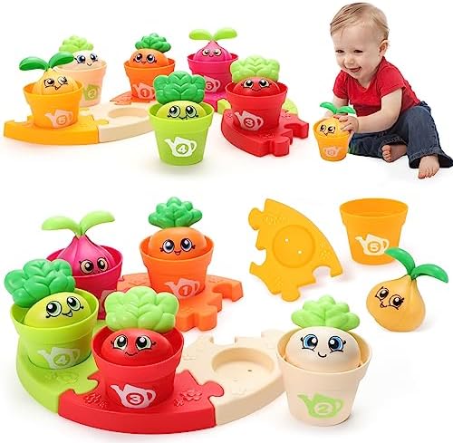 MOONTOY Baby Montessori Stacking Toys Learning Toys for 1 + Year Old 18pcs Plant Flower Pots & Puzzles Set, Color Sorting Toys for Toddlers 1-3, Birthday Gifts for 2 Year Old Girls Boys by MOONTOY