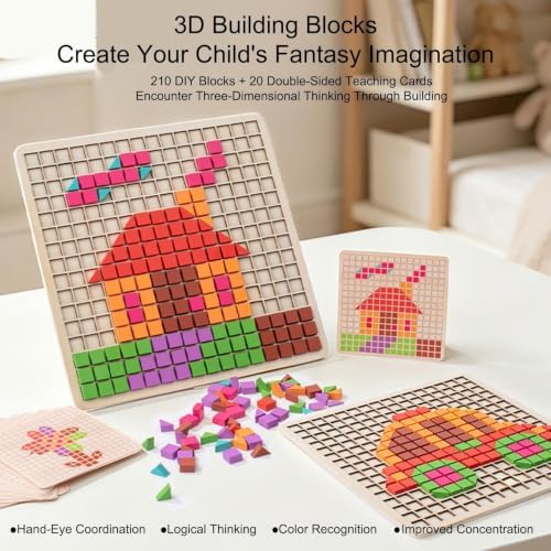 210-Piece Wooden Blocks Set with Teaching Cards Supplies - Image 3