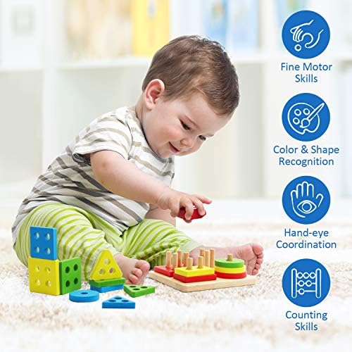 Coogam Wooden Sorting Stacking Montessori Toys, Shape Color Recognition Blocks Matching Puzzle, Fine Motor Skill Educational Preschool Learning Board Game Gift for Kids - Image 5