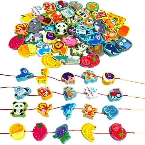 Montessori Wooden Lacing Beads for Kids,42 Pcs Preschool Activities String Car Animals Vegetables Beads Toys,Educational Threading Learning Beads Toys for Toddler 3 4 5 6 Year Old Boys Girls by Intsinzi