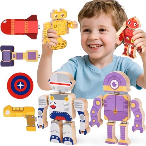 Fine Motor Building Robot Blocks for 3 4 5+Years Kids, Wooden Snap Builders by GLEEHAPY