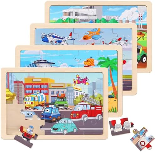 Wooden Educational Jigsaw Puzzles for Preschool Kids Ages 3-5, 4-Pack with 20 Pieces Transportation Wood Jigsaw Puzzles Set, Preschool Gifts for Boys Girls Ages 3 4 5 6 by NASHRIO