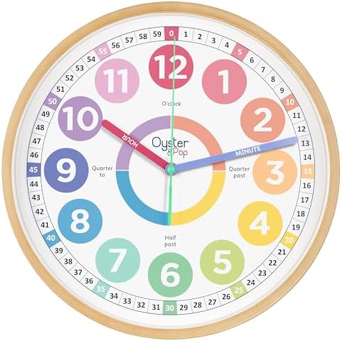 Oyster&Pop Large Pastel Kids Wall Clock - Silent 14" Analog Learning Clock by OysterPop