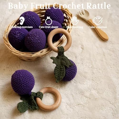 Wooden Baby Rattle Toys Stuffed Crochet Rattle with Teether Ring for Newborn Babies Fruit Wooden Teether Toy Infant Toddler Handcrafted Crochet Rattles Cute Shower Gifts for Boy and Girls - Image 3