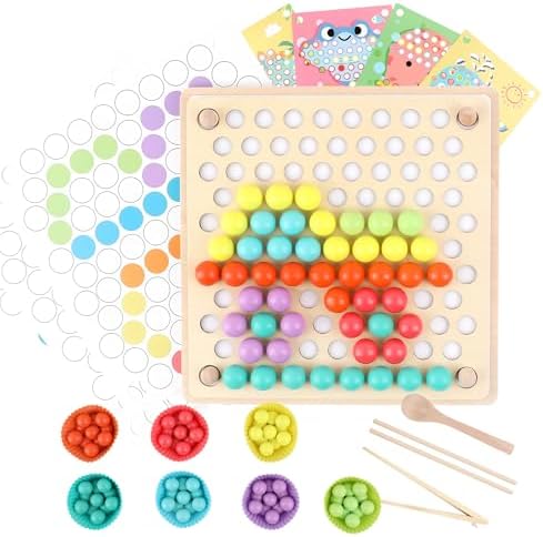 Wooden Peg Board Bead Game, Montessori Learning Toy, Color Sorting Stacking Matching, Fine Motor Math Counting, Multicolor Wood, 3-5 Years by WecharmKids