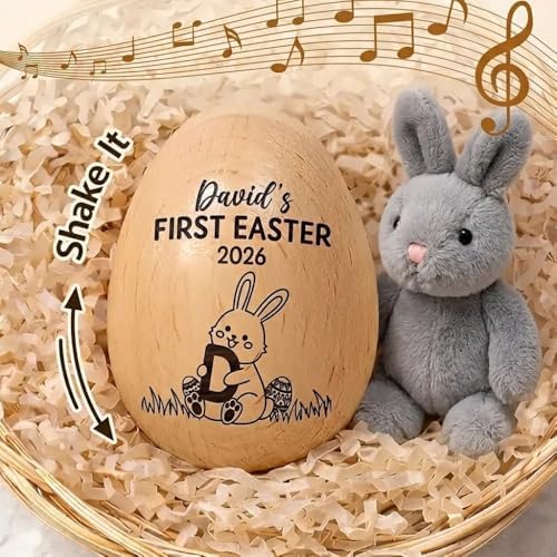 Personalized First Easter Musical Easter Egg Shaker for Babies, Bunny Laser Engraved Engraved Wooden Egg Shakers, Easter Basket Stuffer - Image 2
