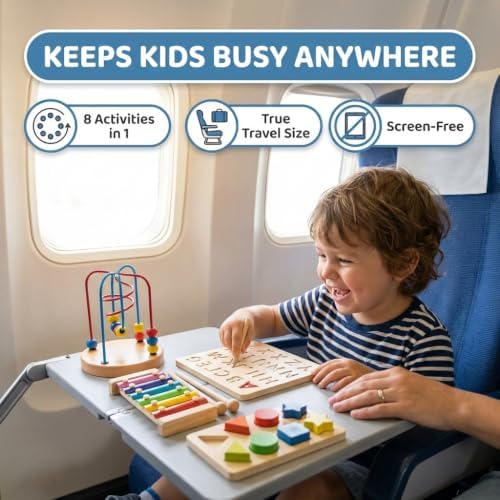 Montessori Toys for 3 Year Olds, 8-in-1 Wooden Travel Activity Set – Alphabet, Number & Shape Puzzles, Xylophone, Bead Maze – Compact Busy Box for Toddlers, Screen-Free Learning Gift Ages 3+ - Image 3
