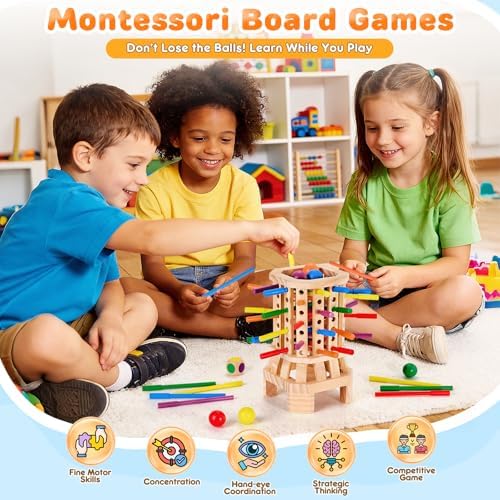 Montessori Wooden Board Game, Colorful Sticks & Ball Drop Games for Kids, Fine Motor Skills & Math Learning Toy for 3 4 5 6 Year Old, 2-6 Player Family Travel Game, Birthday Gift for Boys Girls Age 3+ - Image 2