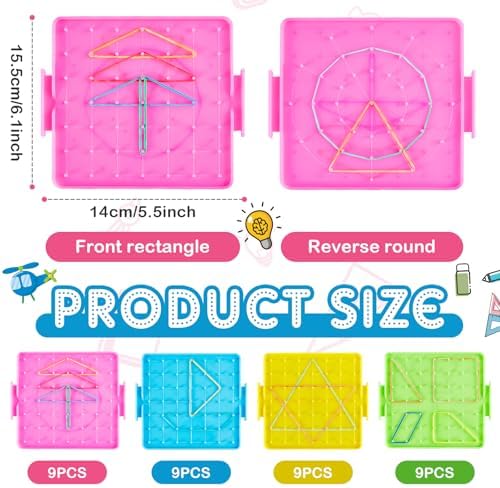 Deekin 36pcs Double Sided Geoboard Mathematical Kids Geoboards with Rubber Bands Math Manipulatives Toy for Geometry, 6.9 x 6.3 Inches Classroom Back to School - Image 2