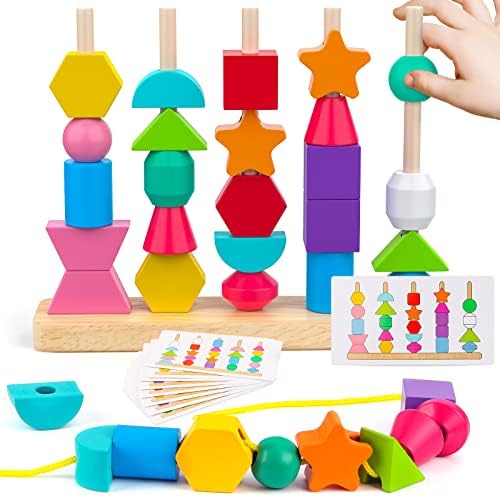 Montessori Wooden Beads Sequencing Toy Set, Stacking Blocks & Lacing Beads & Matching Shape Stacker, Montessori Toys for 3 4 5 Year Old STEM Preschool Learning Toys Gifts for Kids Boy Girl Toddler by Hieoby
