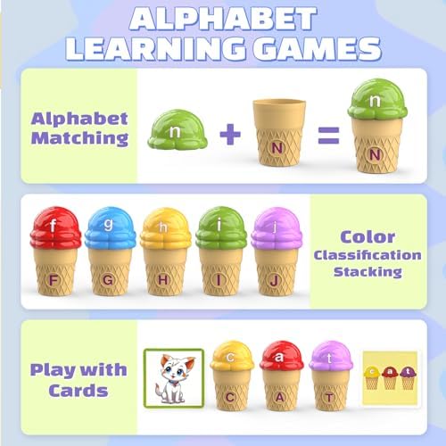 Ice Cream Color Sorting Toys for Toddlers, Montessori Learning Toys with ABC Letter Recognition Flash Cards for Preschool Kids (Alphabet) - Image 4