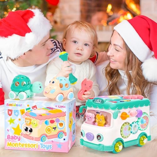 AmiDear Baby Gift for 1-2 Year Old Girl, 10-in-1 Montessori Toys Bus for Baby 6-12-18 Months+, First Christmas and Birthday Gifts, Blue Educational Musical Sensory Learning Toddler Toys Age 1-2 - Image 6