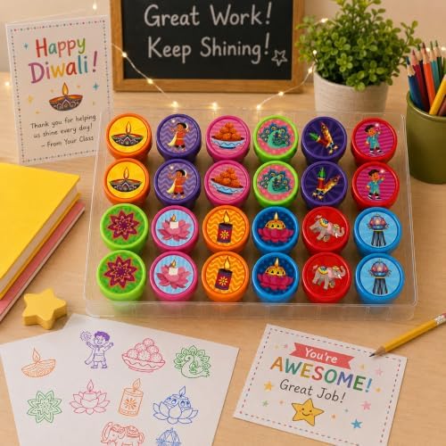 Cinrobiye 24 Pcs Diwali Stampers Party Favor Set, Cute Festival of Lights Stamps for Kids Diwali Celebration, Classroom Rewards, Cultural Party Supplies, Goody Bag Fillers, Holiday Party Favors - Image 3