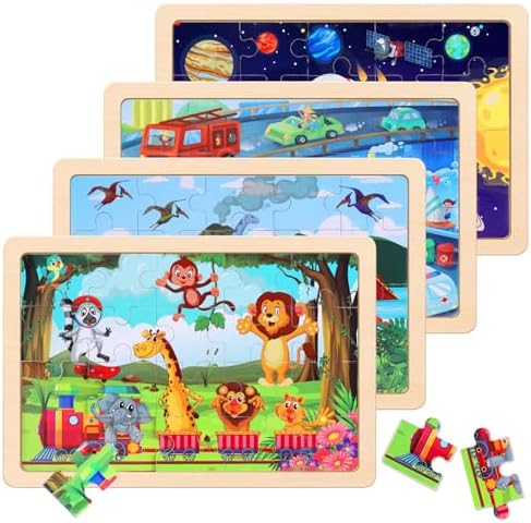 Wooden Educational Jigsaw Puzzles for Preschool Kids Ages 3-5, 4-Pack with 20 Pieces Dinosaur, Space, Transportation Wood Puzzles Set, Kids Brain Teaser Toys, Gifts for Boys Girls Ages 3 4 5 6 by NASHRIO