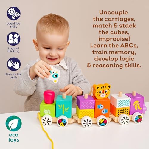 Kids Hits Wooden Train – Happy Friends 15-Piece ABC Animal Stacking Train Toy with Pull-Along Function for Toddlers 1+, Montessori Alphabet & Logic Toy - Image 3