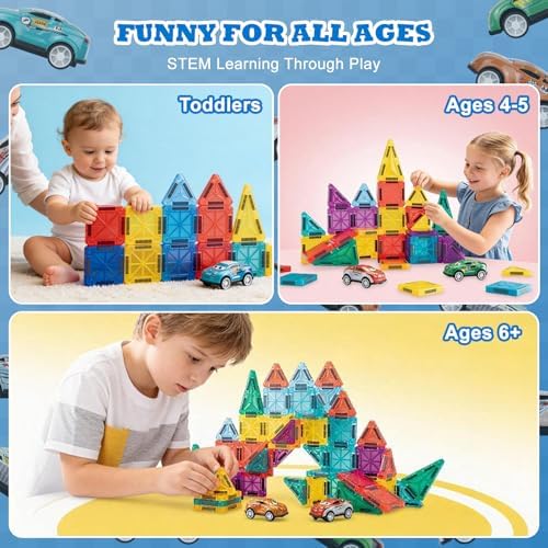 93 PCS Magnetic Tiles Mini Magnetic Building Tiles with Cars, Travel Magnetic Tiles with Storage Bag,STEM Toys for School Acitivities, Ideal Christmas Birthday Gifts for Boys Girls Age 3+ Years Old - Image 2