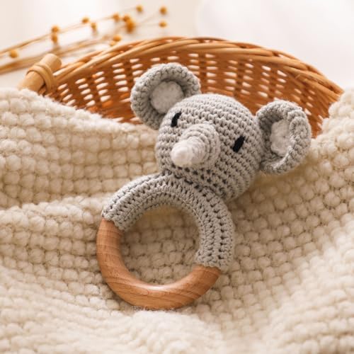 Wooden Baby Rattle，Crochet Elephant Rattle with Wood Ring, Newborn Wooden Animal Rattle Toy，Infant Elephant Wood Rattle Toys by Chriswell