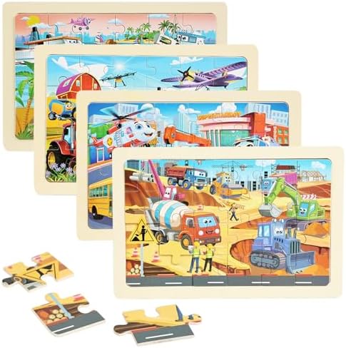 Wooden Puzzles for Kids Ages 4-6, 24 Piece Vehicle Car Construction Jigsaw Puzzles 4 Packs, Preschool Toddlers Learning Activity Puzzles Toys for Boys Girls 3 4 5 6 Years Old by Unknown