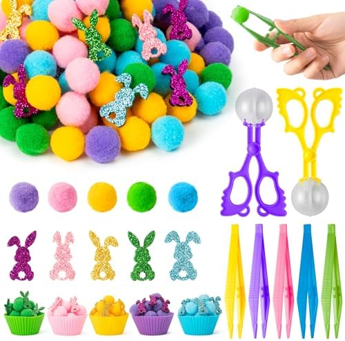 EZdhuawuse Summer Sensory Bin Fillers - 268P Summer Bunny Fine Motor Toys Rabbit Counting Sorting for Kids, Counting Toy with Shiny Bunny Pom Poms Cup Clip for Preschool Education Activities by EZdhuawuse