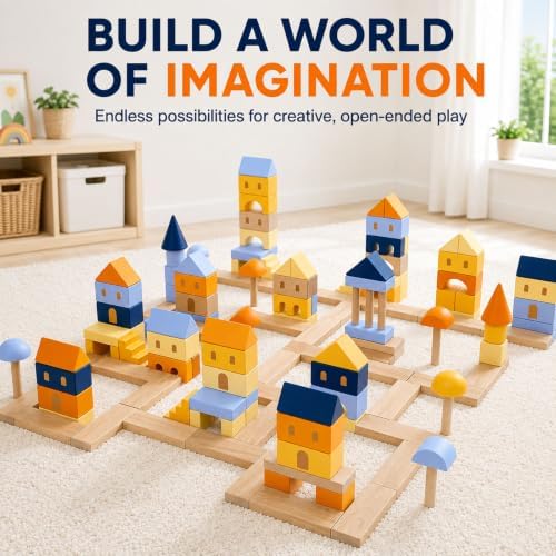 155-Piece Blue Wooden Building Blocks Set with Storage Bag - Image 3