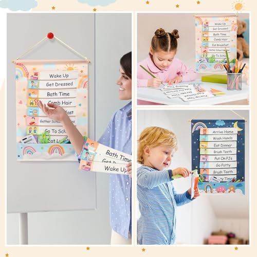 Blosssound Visual Schedule for Kids Chore Chart Morning Bedtime Routine Chart Hippie Boho Daily Calendar Double Side Planner Board with 28 Cards for Home School Toddlers Autism Learning Materials - Image 5