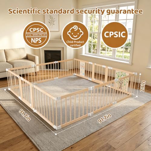 Extra Large Wooden Baby Playpen，Adjustable Play Yard for Babies and Toddlers, Baby Activity Center with Child Proof Lock, Easy to Assemble, Foldable Play Pen 12Panel - Image 5