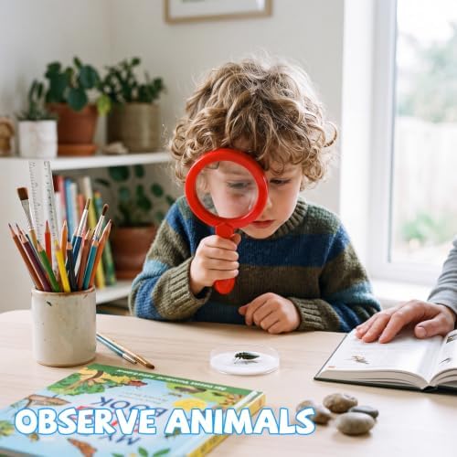Lewtemi Kids Science Learning Toys Kids Magnifying Glass with Stand Grasp Jumbo Magnifiers 3X Magnification Exploration Preschool Learning Toys for Reading Book Map Insect (Red) - Image 5