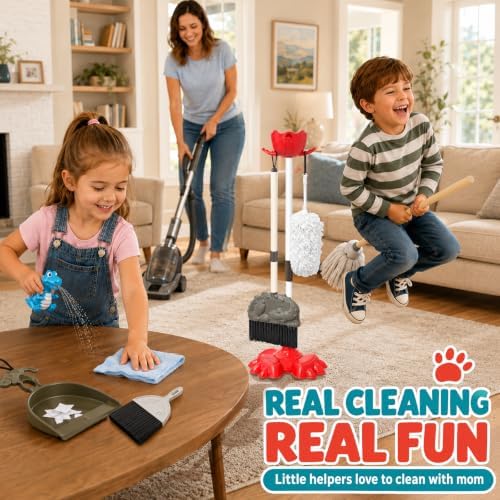 Toddler Dinosaur Cleaning Set with Kids Broom and Mop, Pretend Play Housekeeping Toy – 8 Pcs Spray Dino & Storage Stand, Includes Dustpan Duster, Montessori-Inspired Design, Gift for Boys & Girls 3-6 - Image 2