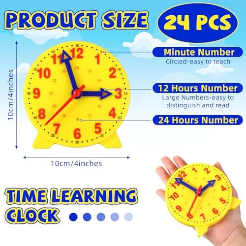 Batiyeer 24 Pcs Teaching Clock Kit for Kids to Tell Time 4'',Yellow (Pack of 2) - Image 2