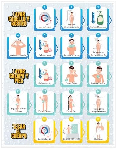 Shower Chart Step by Step Laminated 9x12 Inch for Children Self Care Visual Chart Ideal for Special Needs and Autism (Spanish) by Buildingconfidencethroughdailyroutines