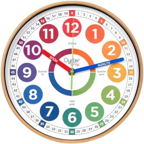 Oyster&Pop Kids Wall Clock - Silent 10" Analog Learning Clock for Classroom by OysterPop